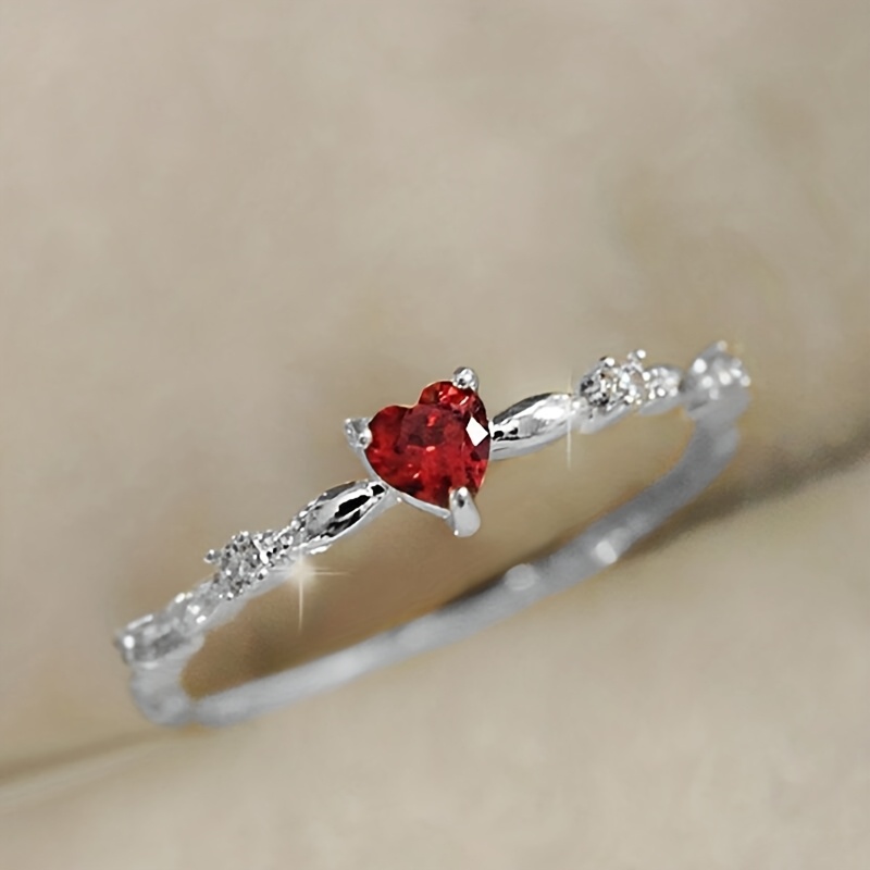 Heart Shaped Red Stone Engagement Ring Copper Single Stone Setting Plating